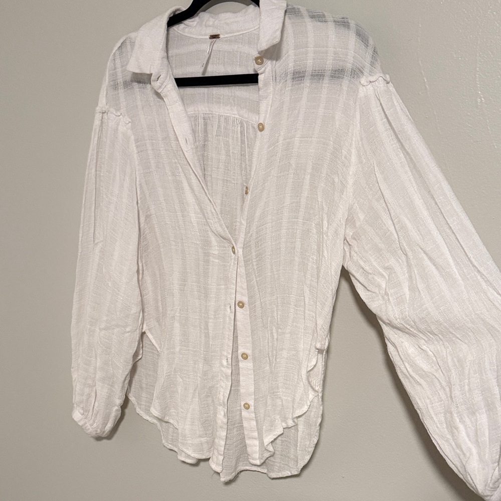 Free People White Gauzy Button-Up Blouse